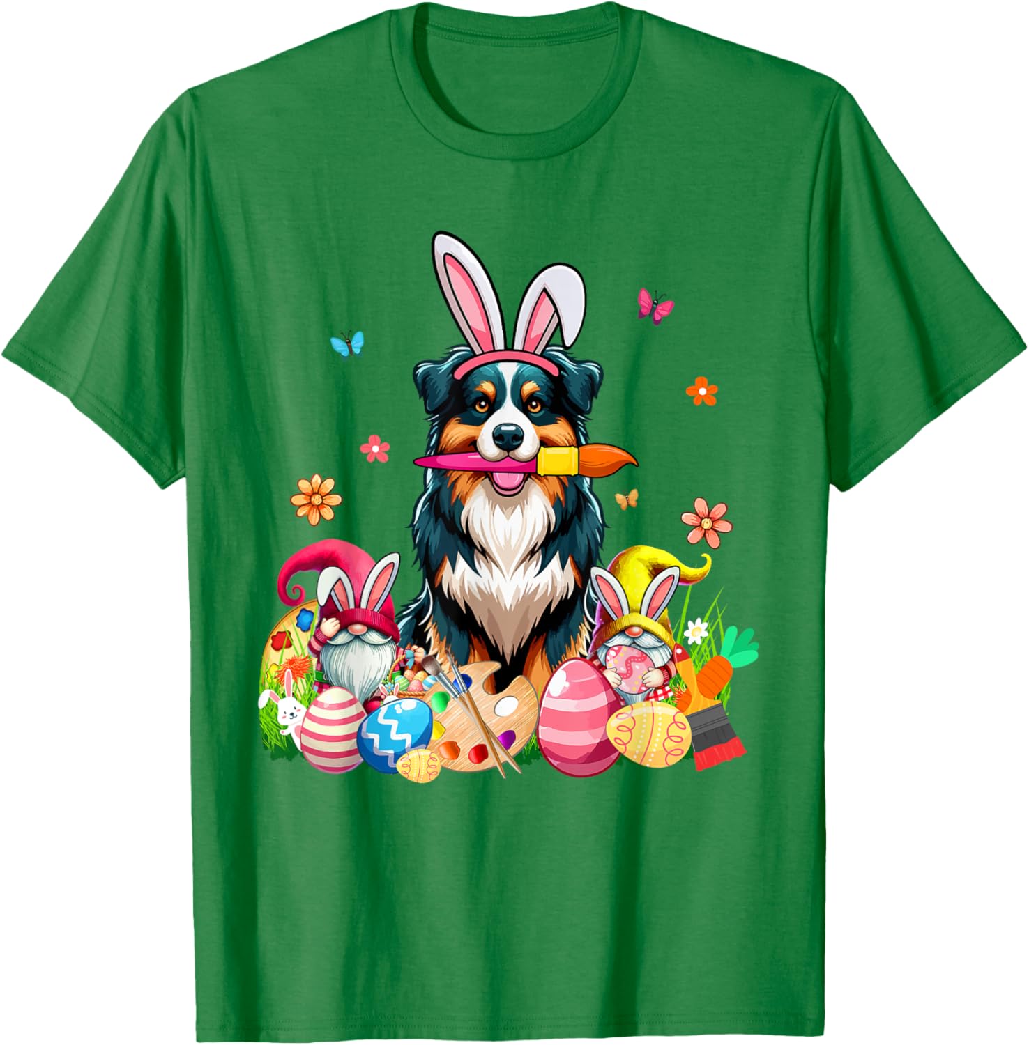 Cute Australian Shepherd Bunny Painting Easter Eggs Gnomes T-Shirt - 2