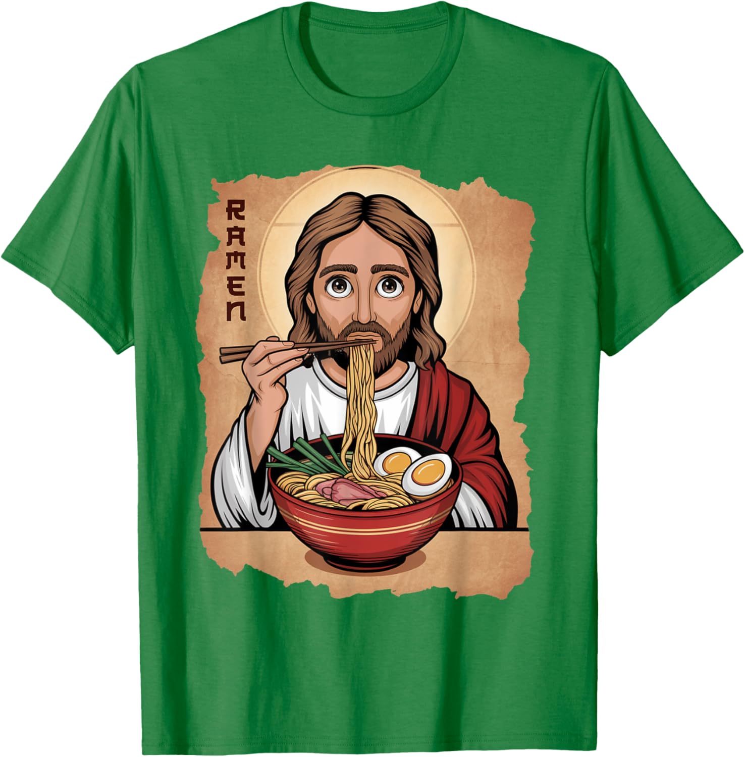 Cute Jesus Eating Ramen Noodles T-Shirt with Ocean Waves Japanese Art - 3