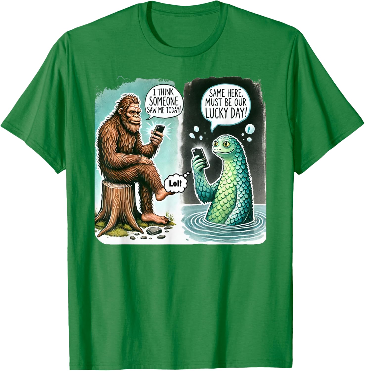Funny Bigfoot Texting Nessie T-Shirt - I Think Someone Saw Me Today - 25