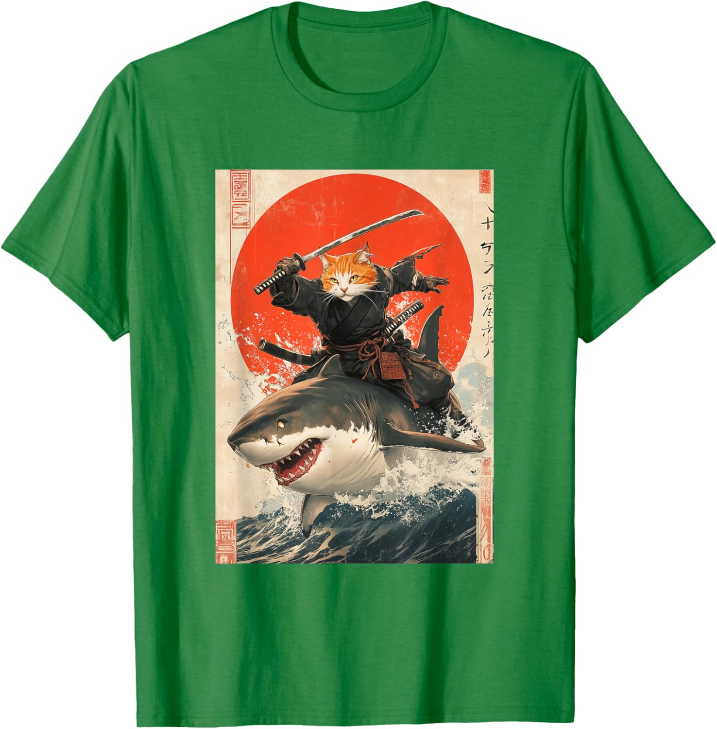 Ninja Cat Riding Shark Graphic Tee Cute Japanese Style T-Shirt for Cat Lovers - 9