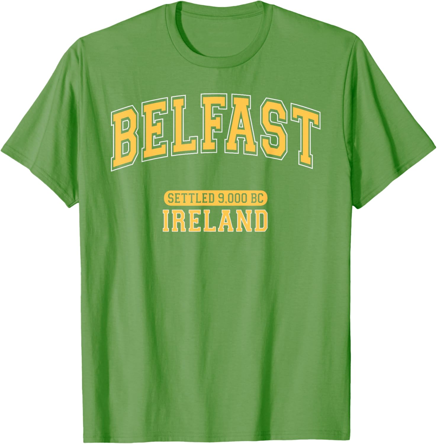 Retro Belfast Ireland 9000 BC Arched Yellow Letters T-Shirt for Trendy Style - 11