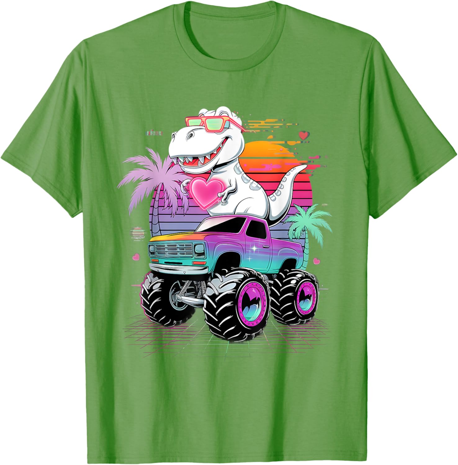 Valentine's Day T-Rex Monster Truck Vaporwave Kids T-Shirt for Boys - 26