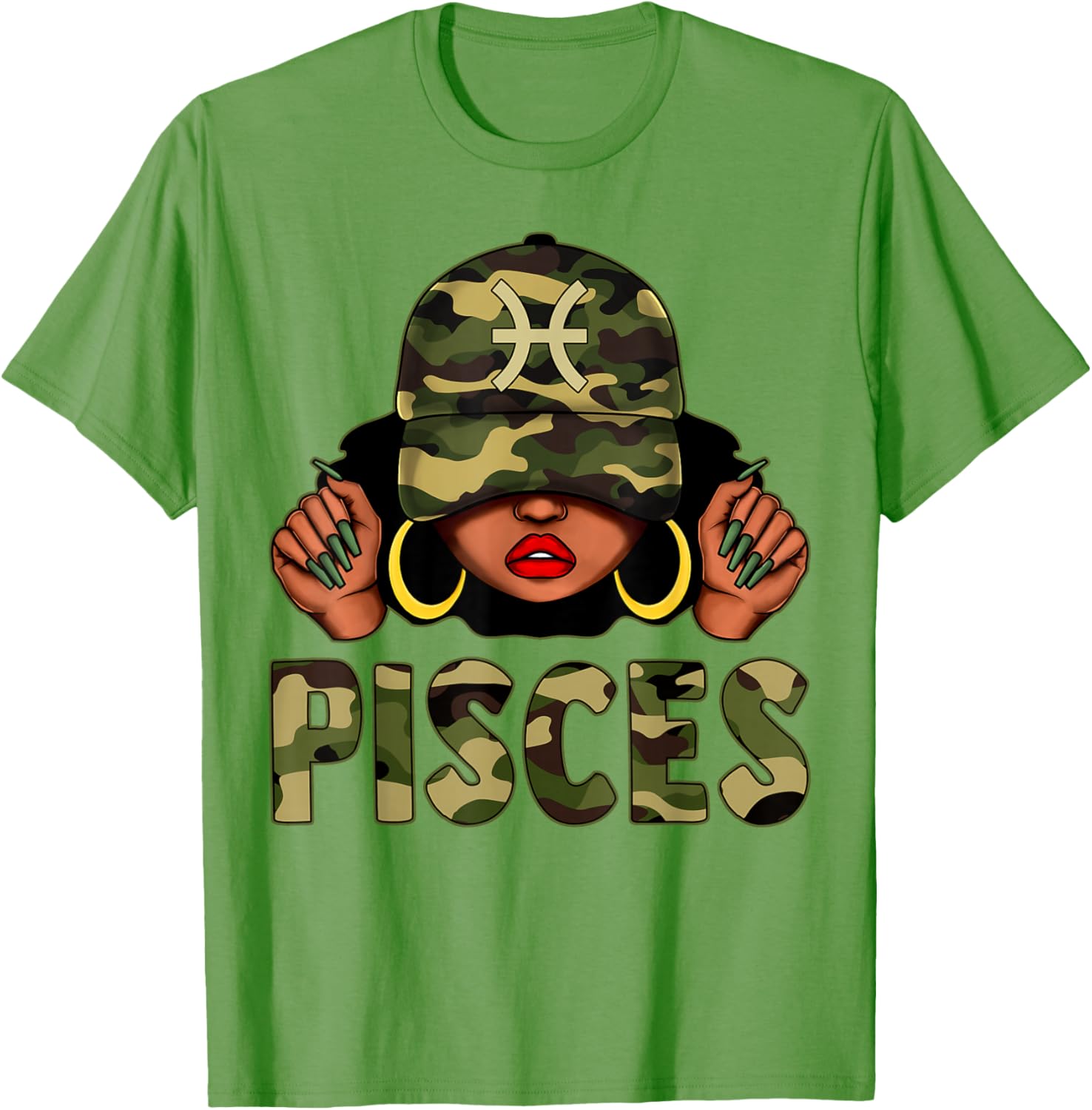 Pisces Queen Camo Cap and Afro Girl Zodiac T-Shirt for Black Women - 6