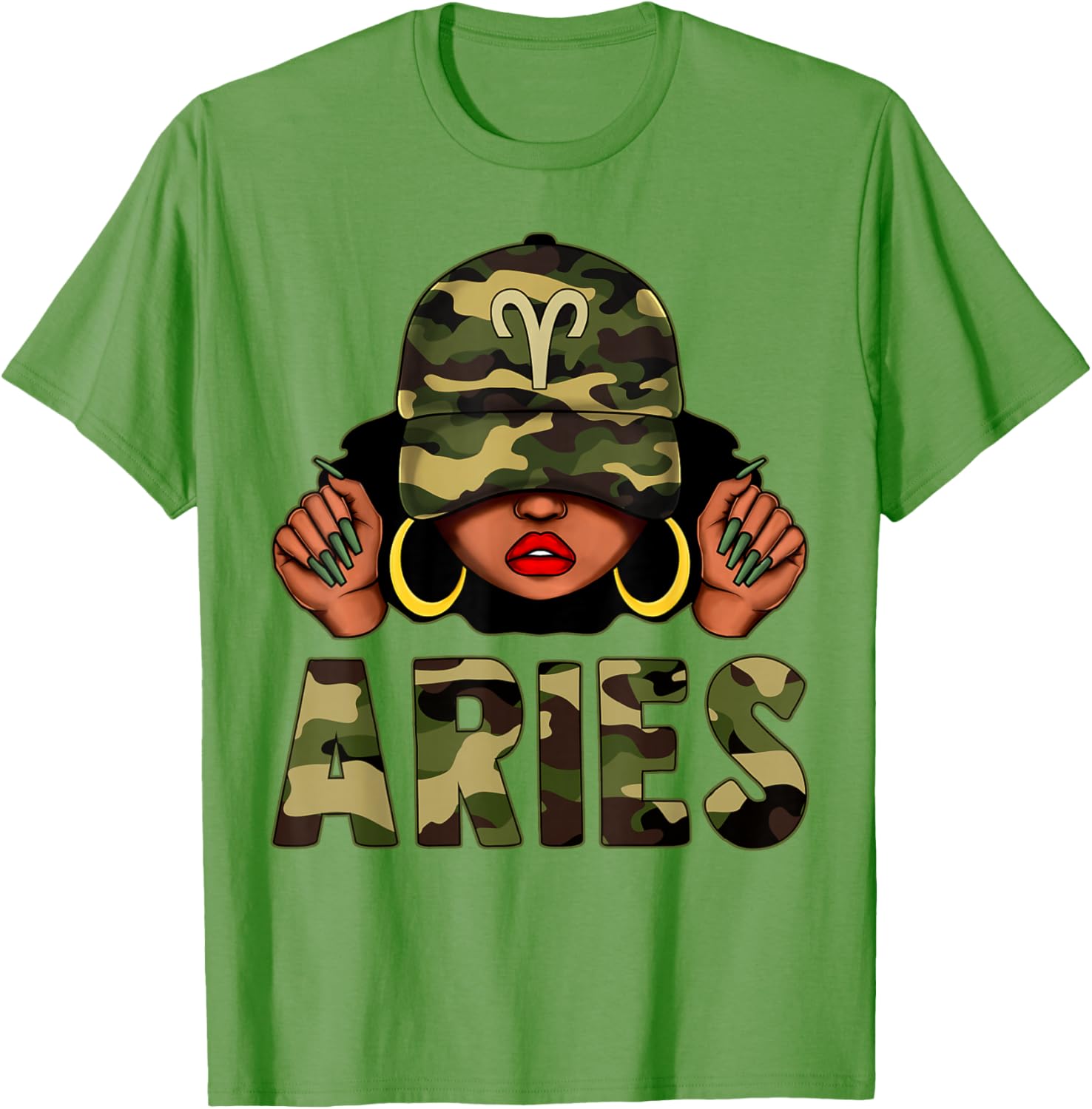 Aries Queen Black Woman Wearing Camo Cap Afro Zodiac T-Shirt - 5