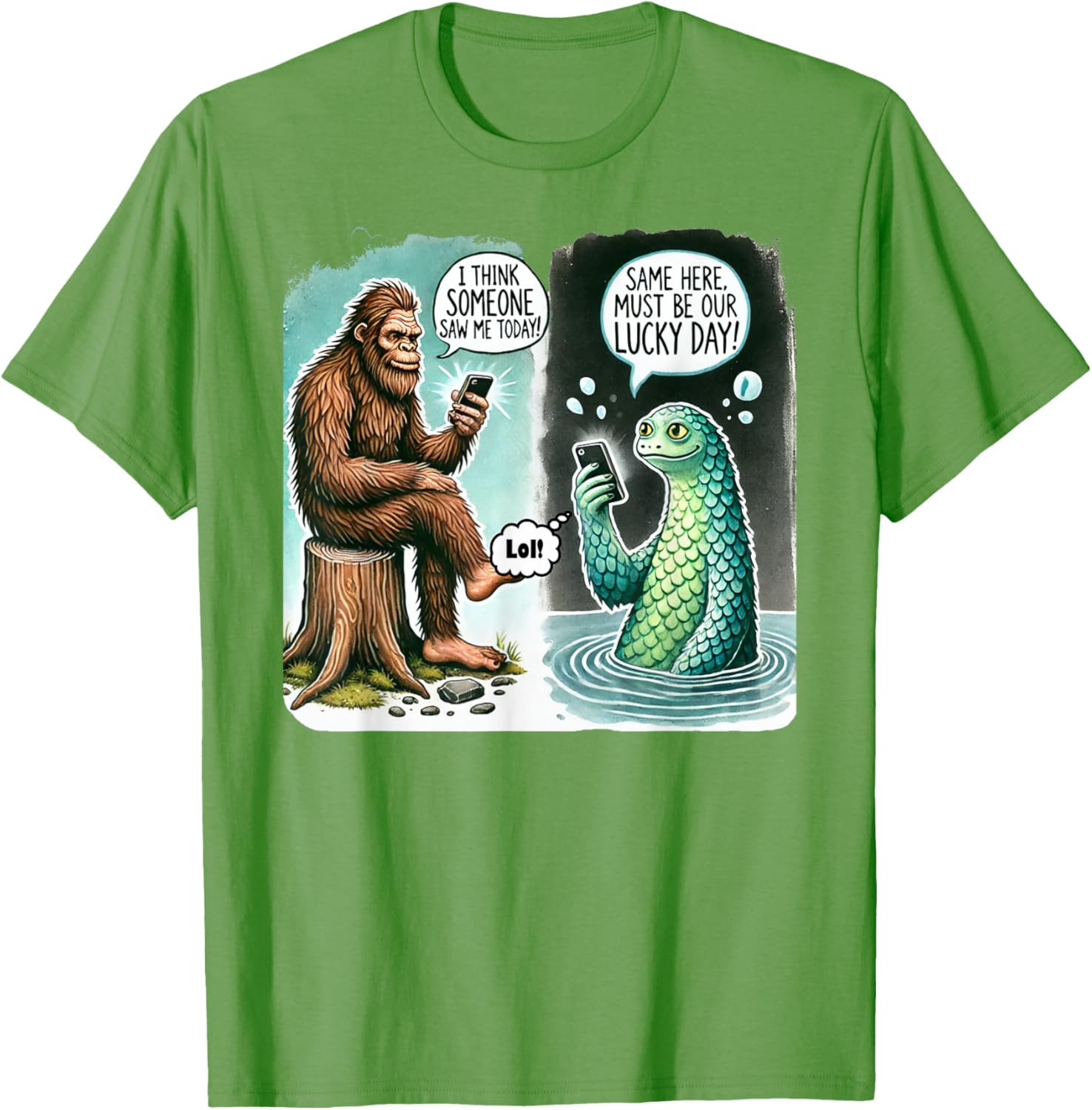 Funny Bigfoot Texting Nessie T-Shirt - I Think Someone Saw Me Today - 7