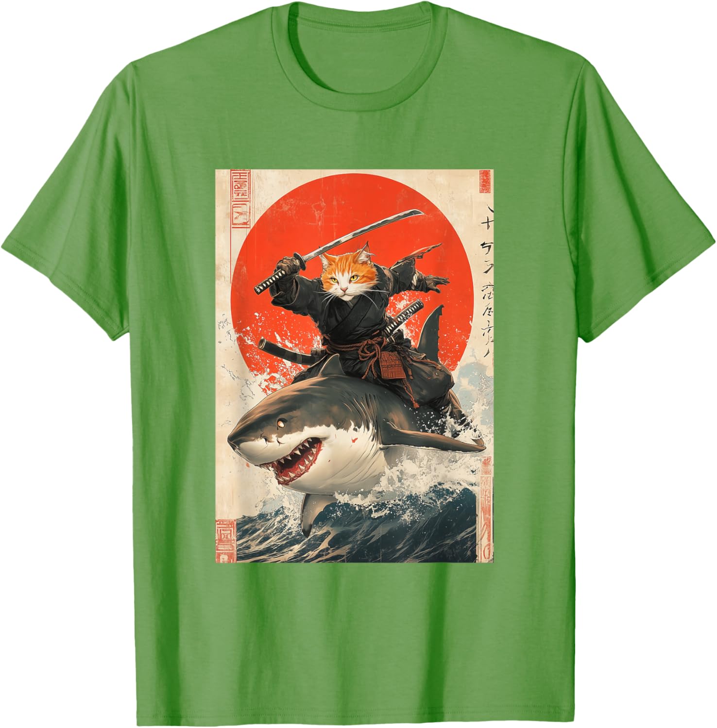 Ninja Cat Riding Shark Graphic Tee Cute Japanese Style T-Shirt for Cat Lovers - 13