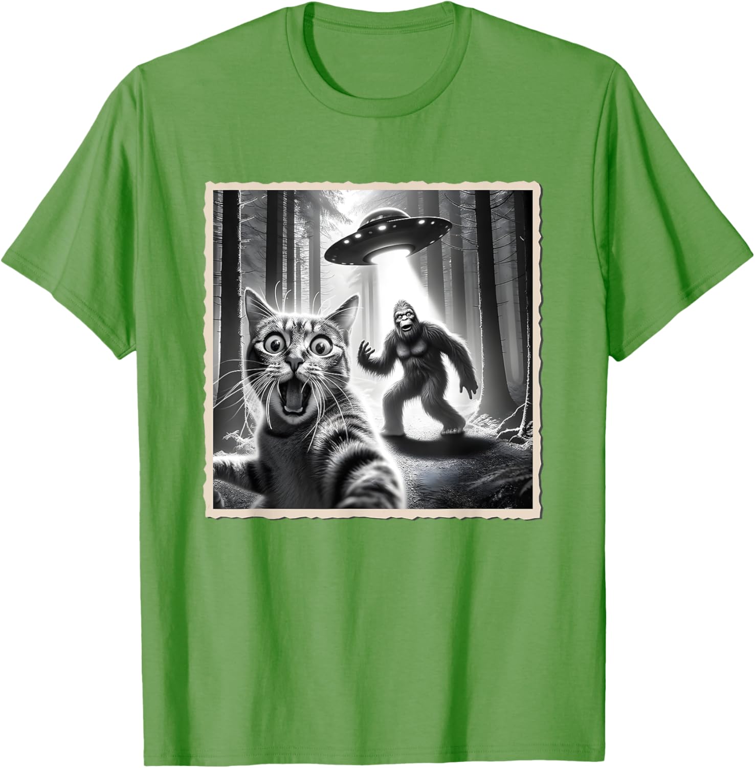 Funny Cat Selfie with Bigfoot and UFO T-Shirt for Animal Lovers - 14