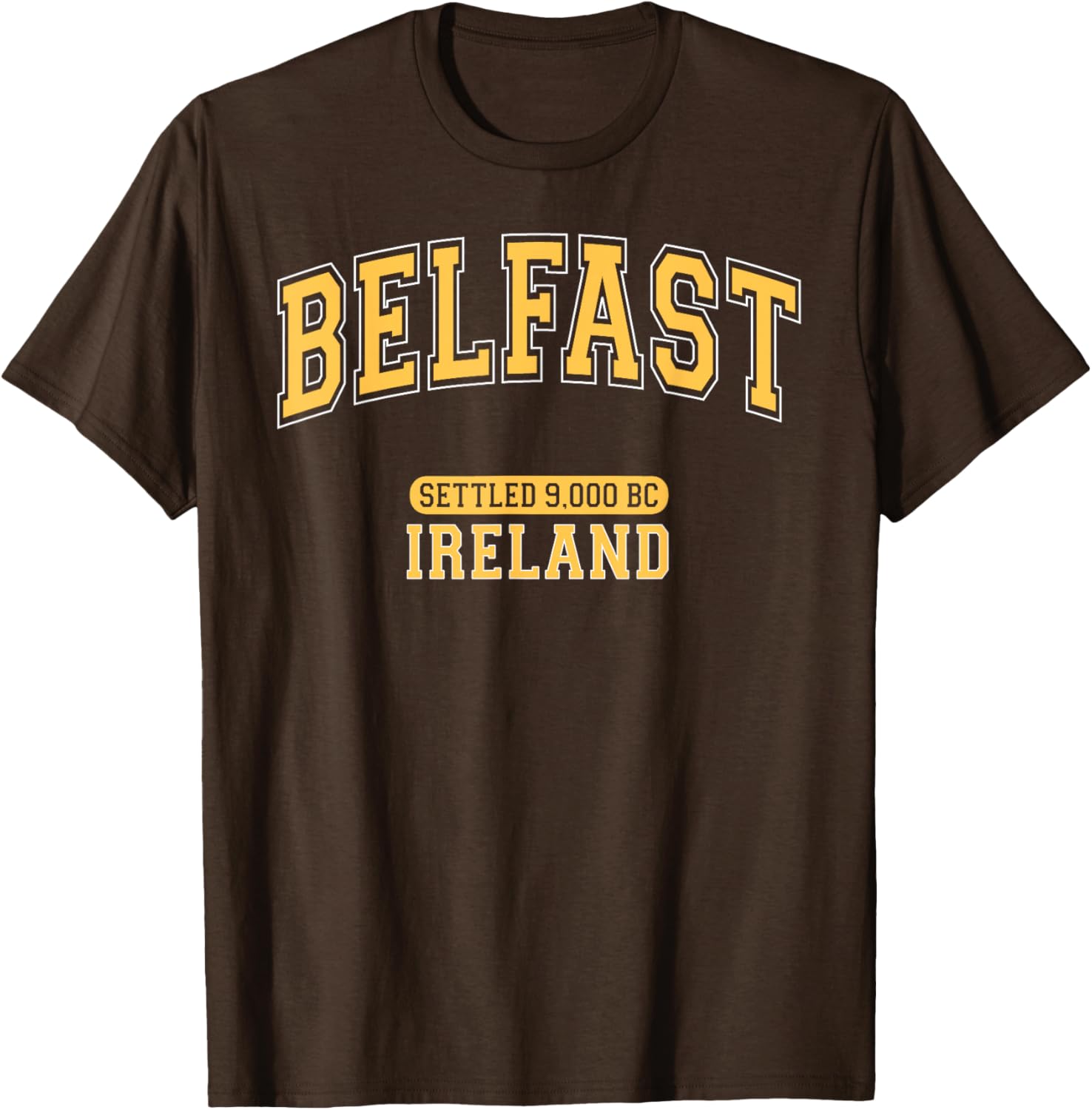 Retro Belfast Ireland 9000 BC Arched Yellow Letters T-Shirt for Trendy Style - 8
