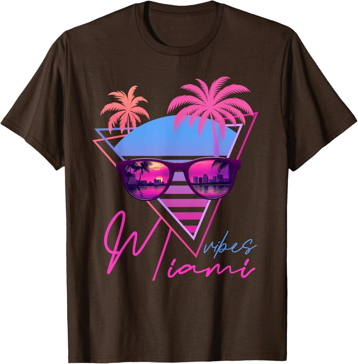 Retrowave Sunset Palm Trees T-Shirt for Miami Vibes and 80s Style - 1