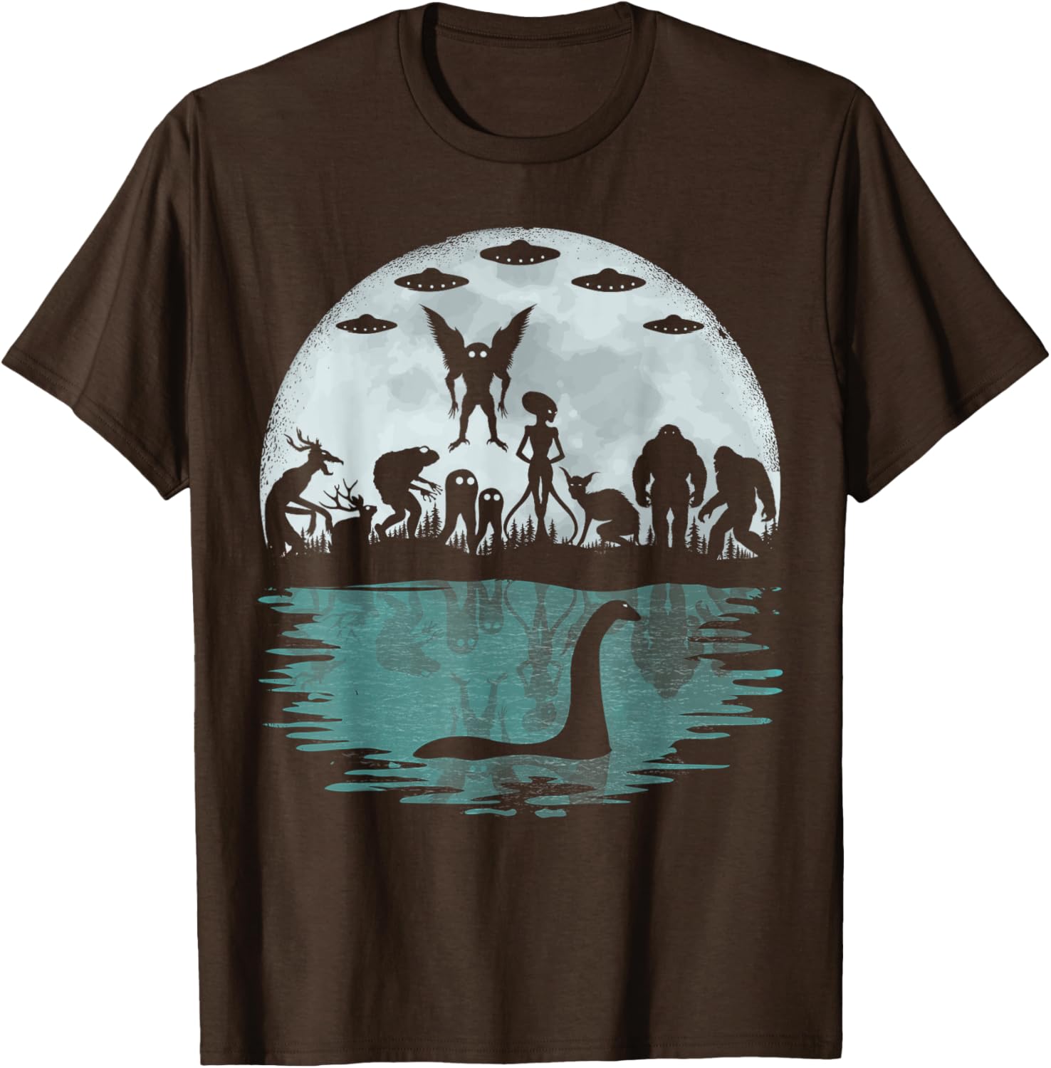Funny Cryptid T-Shirt featuring Bigfoot Nessie Mothman and Aliens - 7