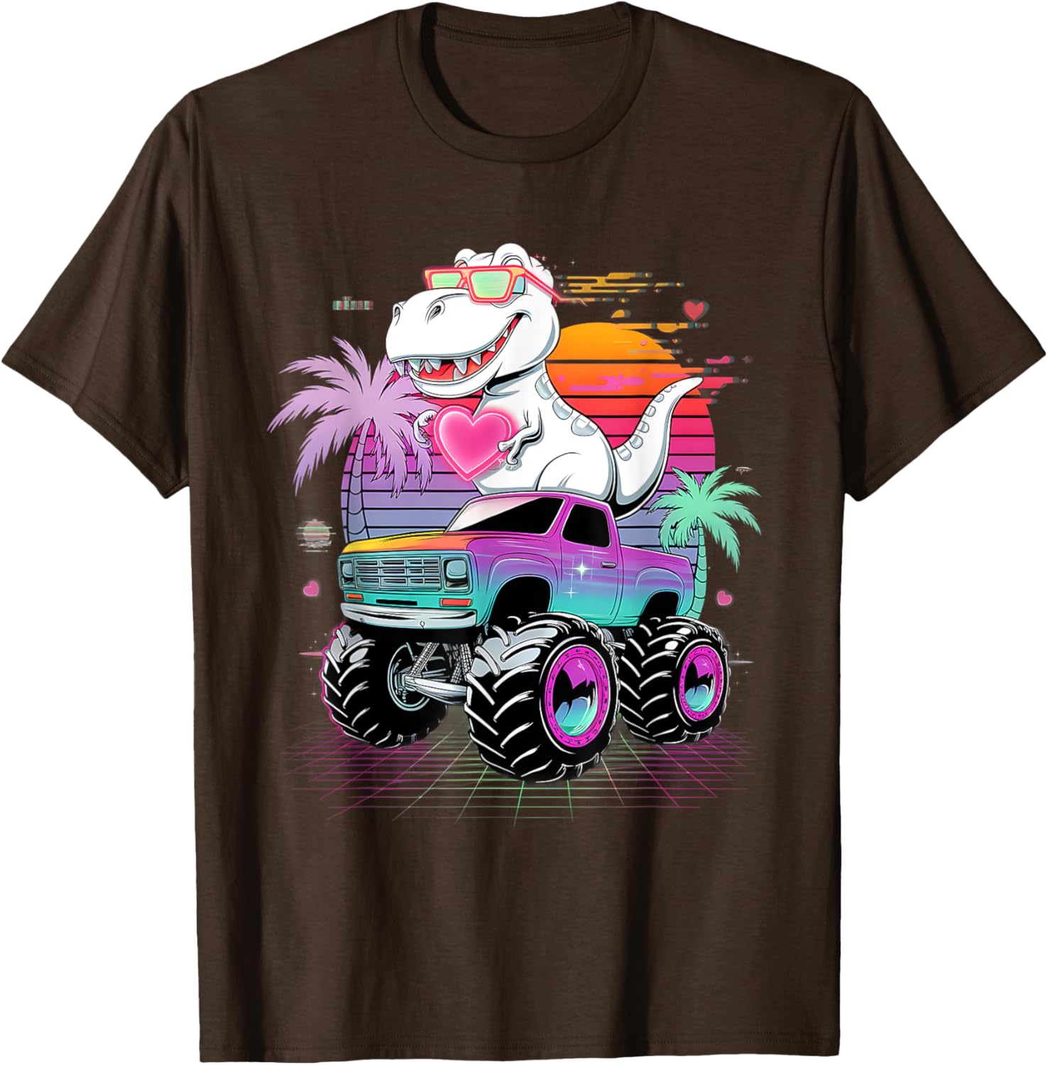 Valentine's Day T-Rex Monster Truck Vaporwave Kids T-Shirt for Boys - 6
