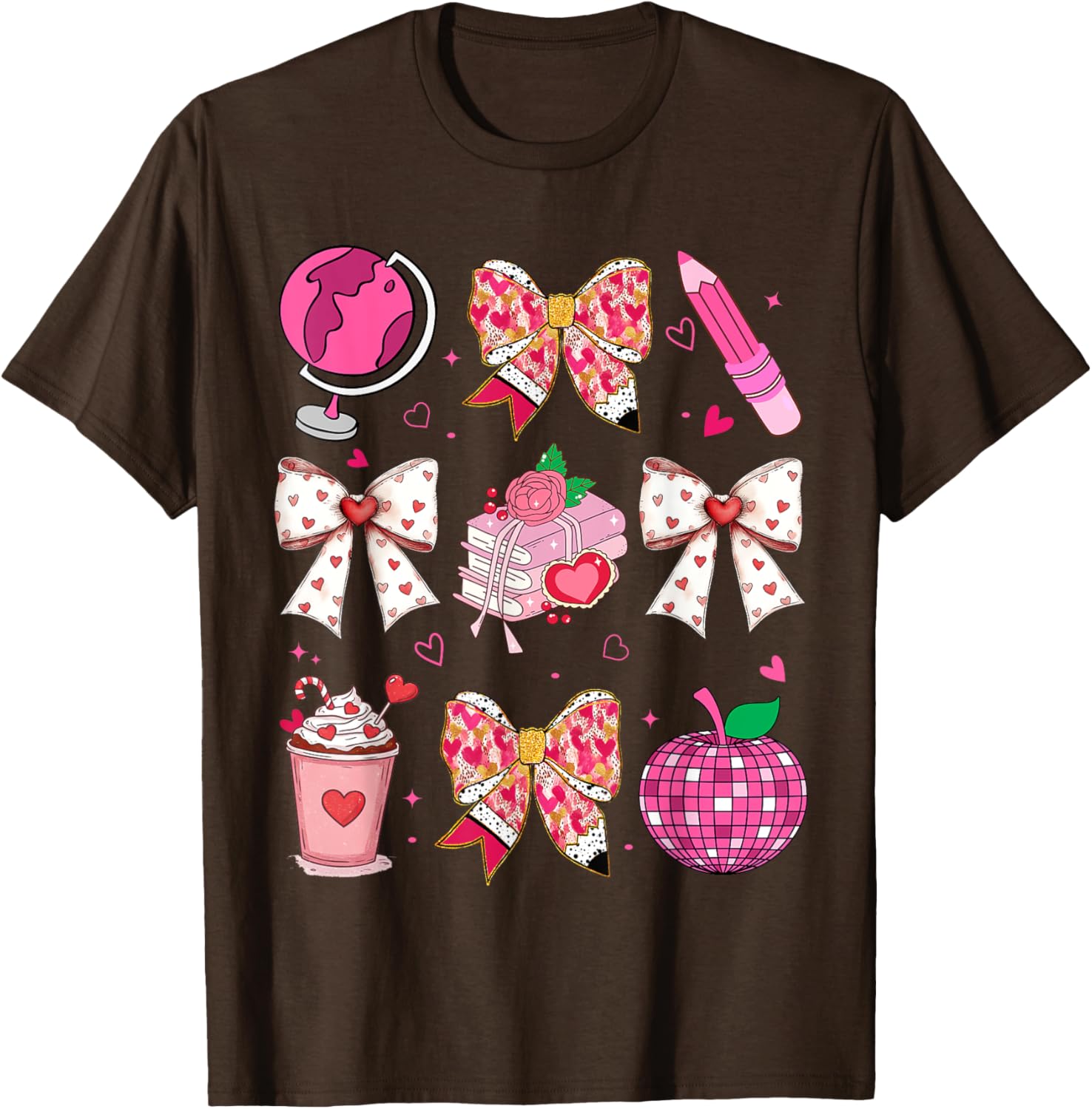 Valentine's Day Heart Bow T-Shirt for Teachers with Disco Ball Charm - 11