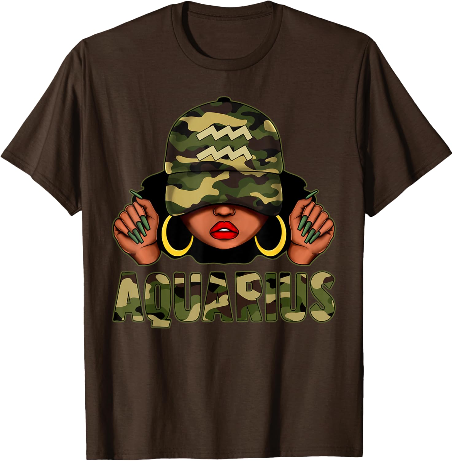 Aquarius Queen Black Woman Camo Afro T-Shirt Stylish Zodiac Apparel - 10