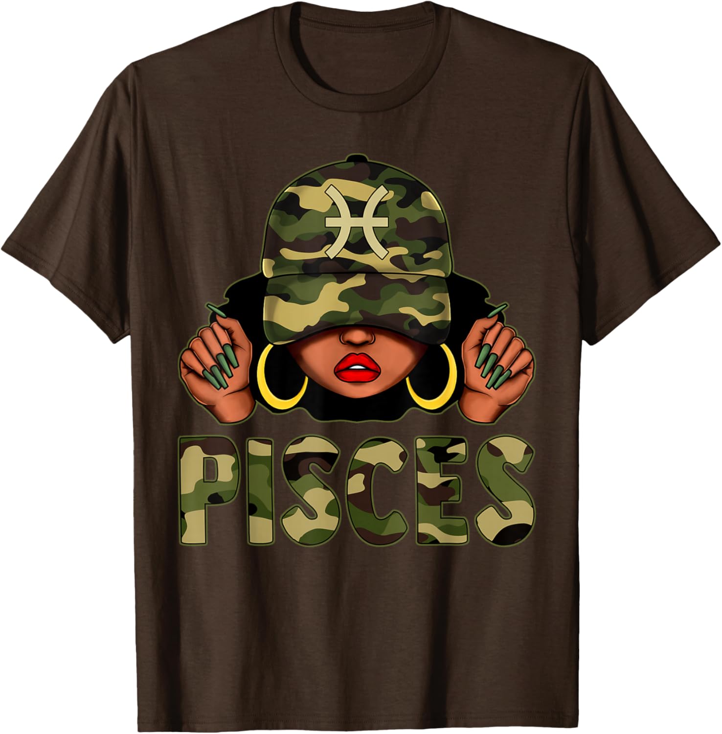 Pisces Queen Camo Cap and Afro Girl Zodiac T-Shirt for Black Women - 9