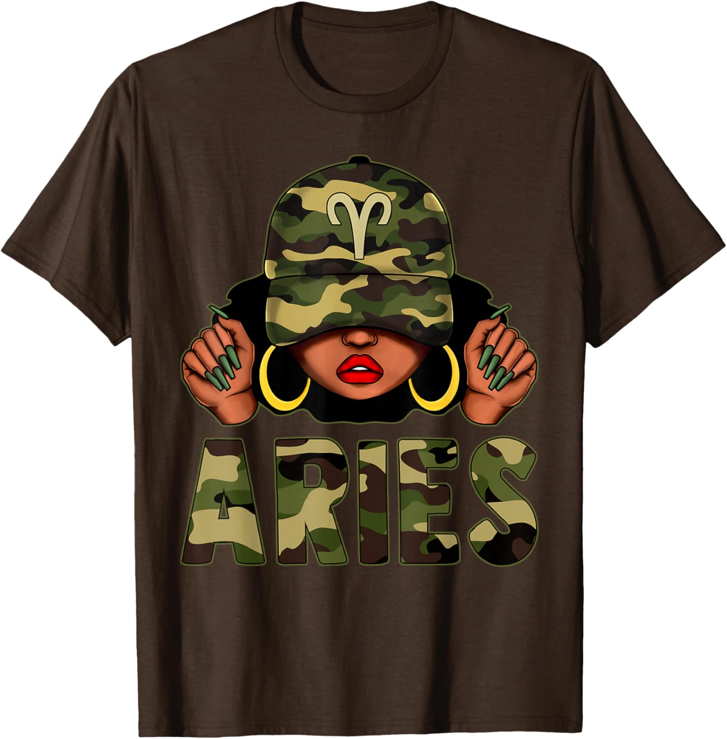 Aries Queen Black Woman Wearing Camo Cap Afro Zodiac T-Shirt - 10