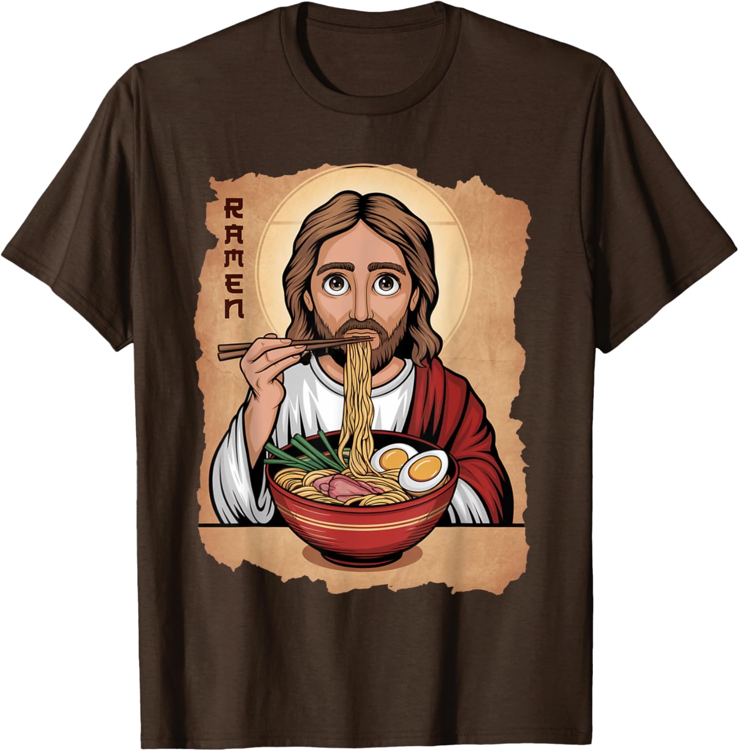 Cute Jesus Eating Ramen Noodles T-Shirt with Ocean Waves Japanese Art - 10