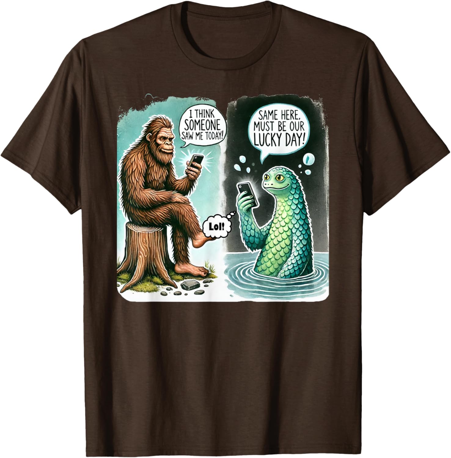 Funny Bigfoot Texting Nessie T-Shirt - I Think Someone Saw Me Today - 23