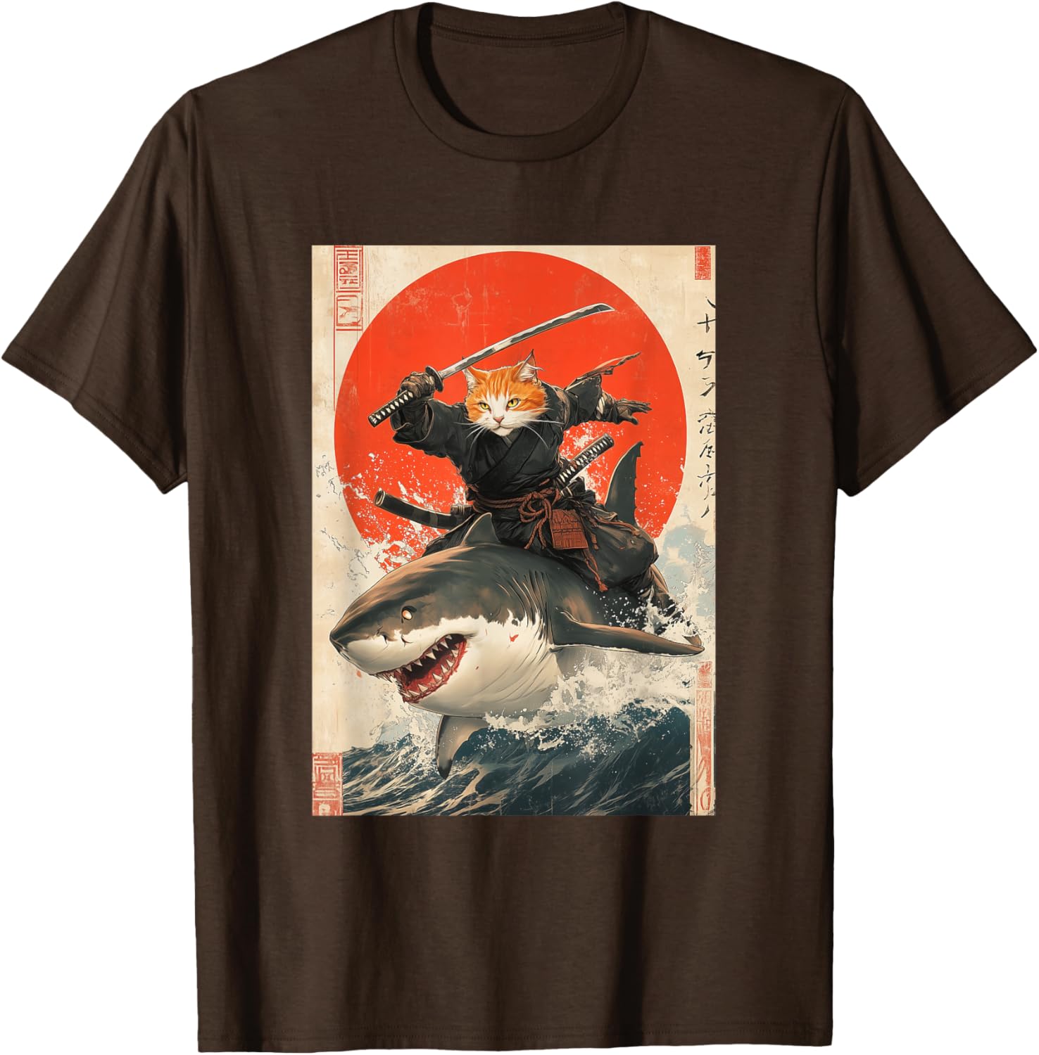 Ninja Cat Riding Shark Graphic Tee Cute Japanese Style T-Shirt for Cat Lovers - 23