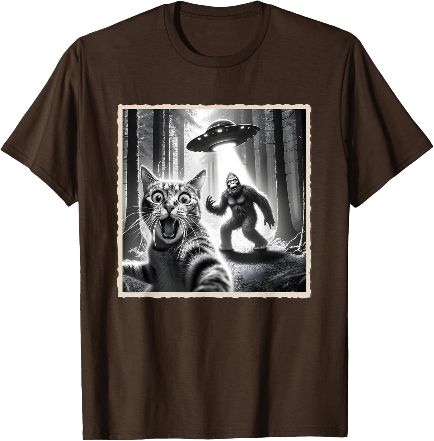 Funny Cat Selfie with Bigfoot and UFO T-Shirt for Animal Lovers - 2