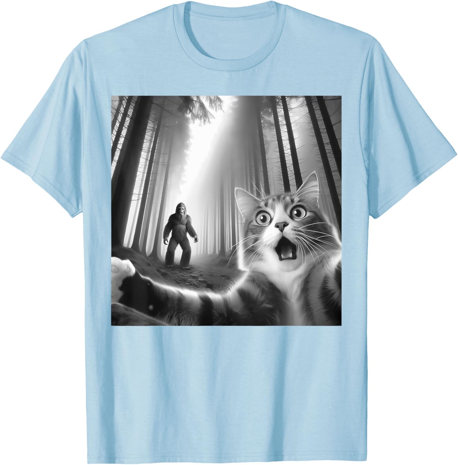 Funny Scared Cat Bigfoot Selfie T-Shirt for Men, Women, and Kids - 21