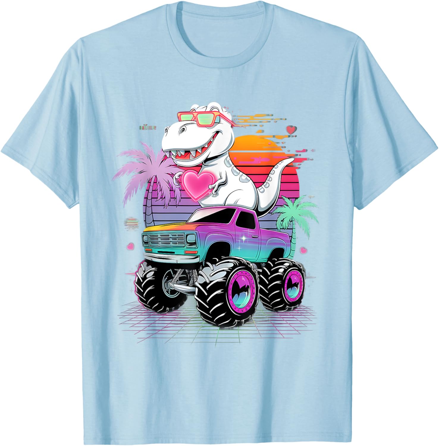 Valentine's Day T-Rex Monster Truck Vaporwave Kids T-Shirt for Boys - 5