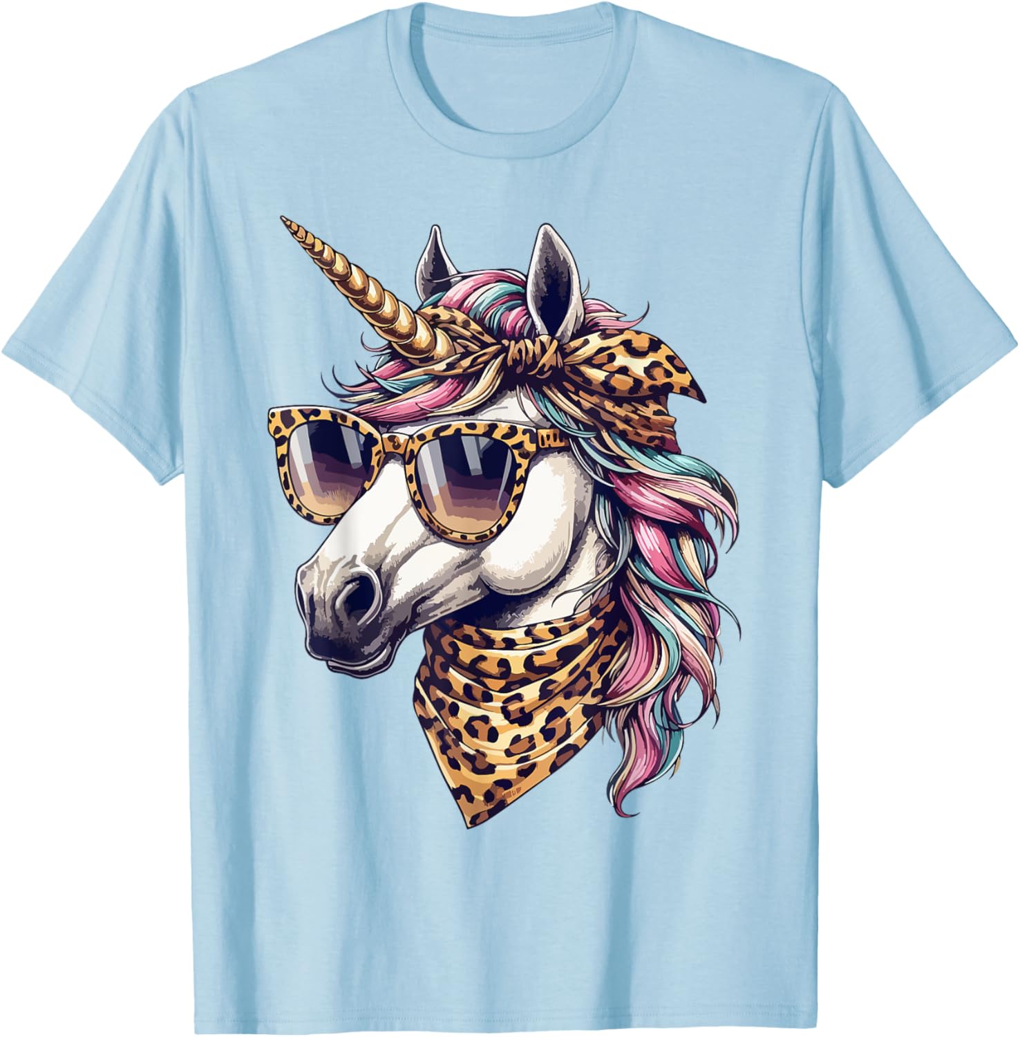 Whimsical Unicorn in Leopard Scarf and Sunglasses T-Shirt for Fun Style - 4