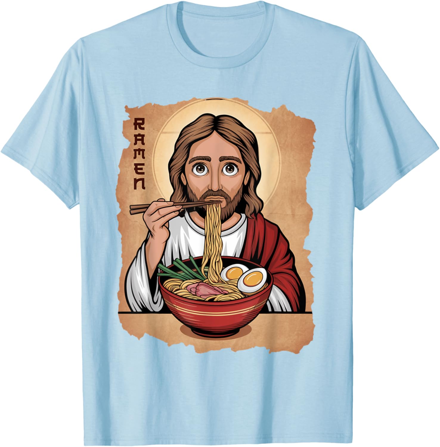 Cute Jesus Eating Ramen Noodles T-Shirt with Ocean Waves Japanese Art - 11