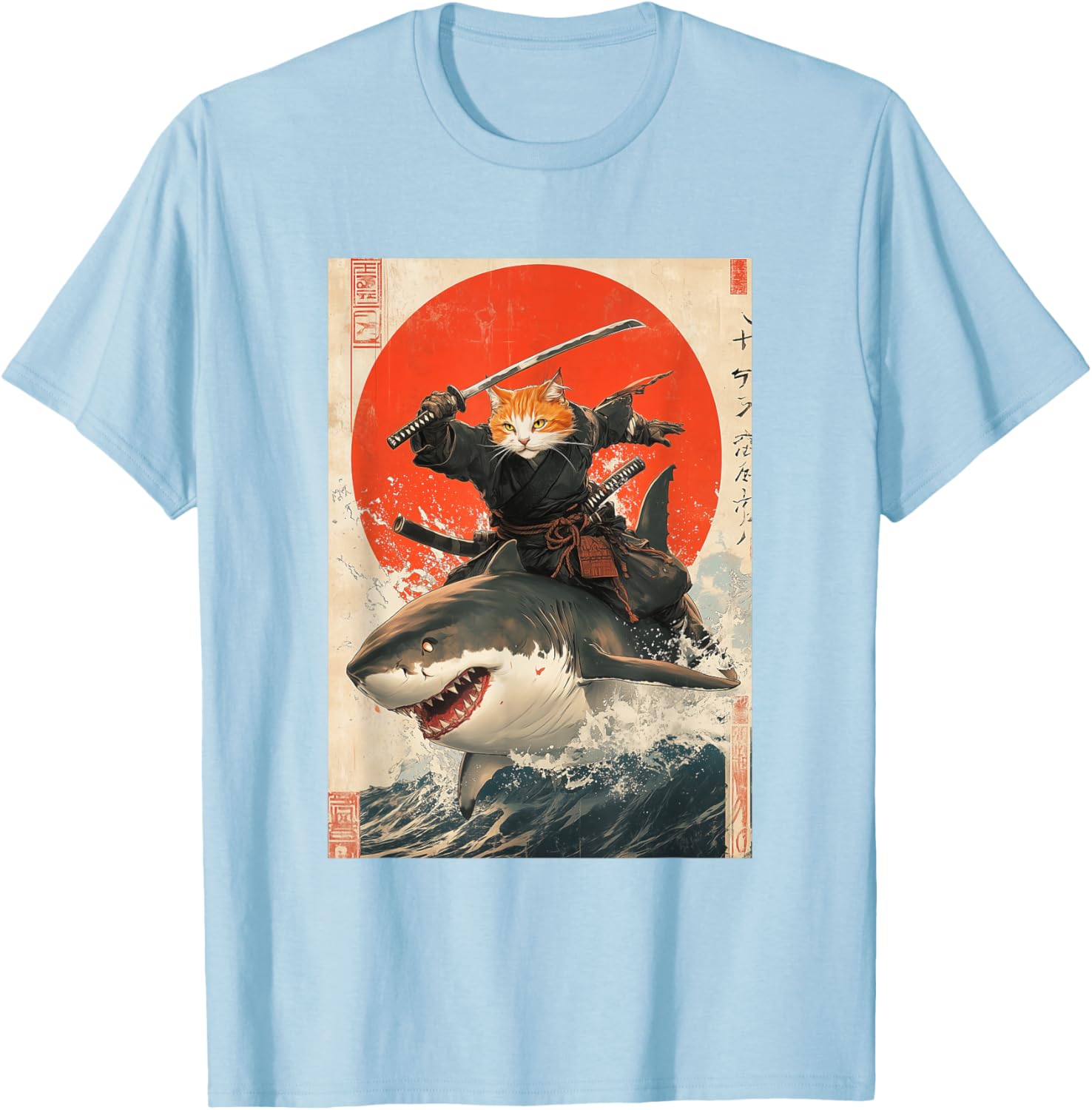 Ninja Cat Riding Shark Graphic Tee Cute Japanese Style T-Shirt for Cat Lovers - 5