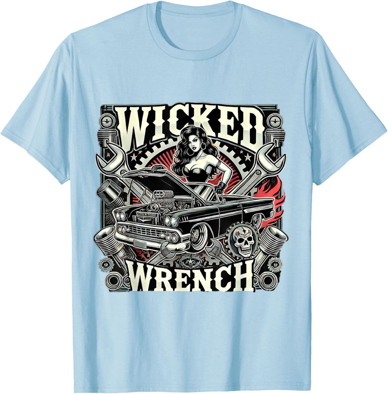 Hot Rod Wrench Lady Flames Pistons T-Shirt for Car Enthusiasts - 10