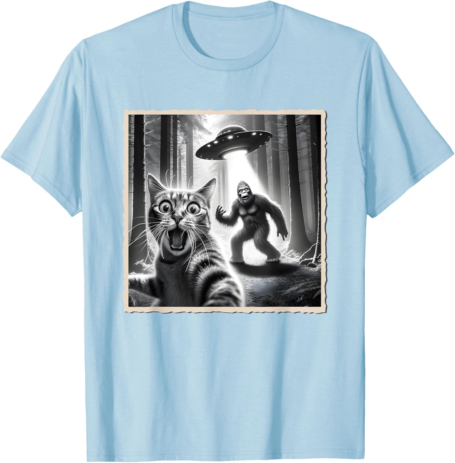 Funny Cat Selfie with Bigfoot and UFO T-Shirt for Animal Lovers - 1