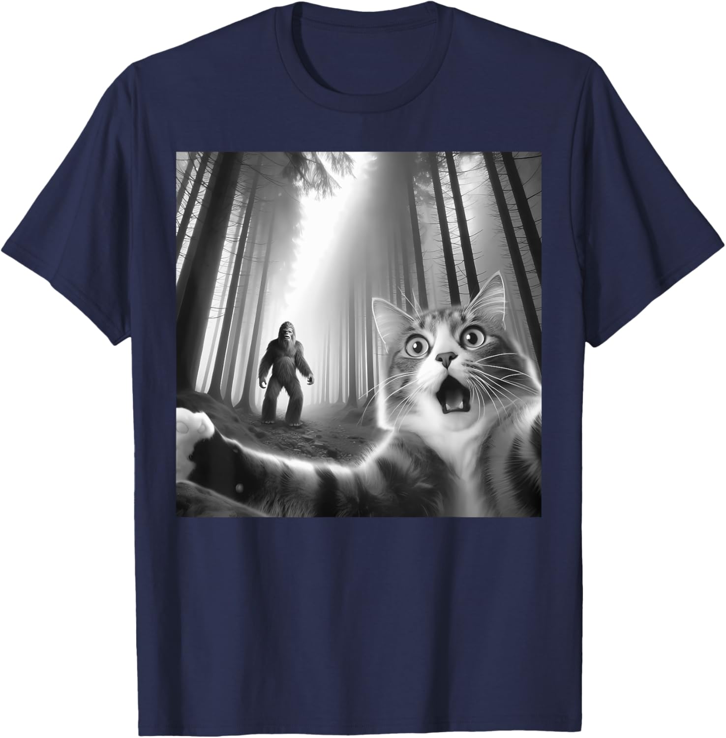 Funny Scared Cat Bigfoot Selfie T-Shirt for Men, Women, and Kids - 15