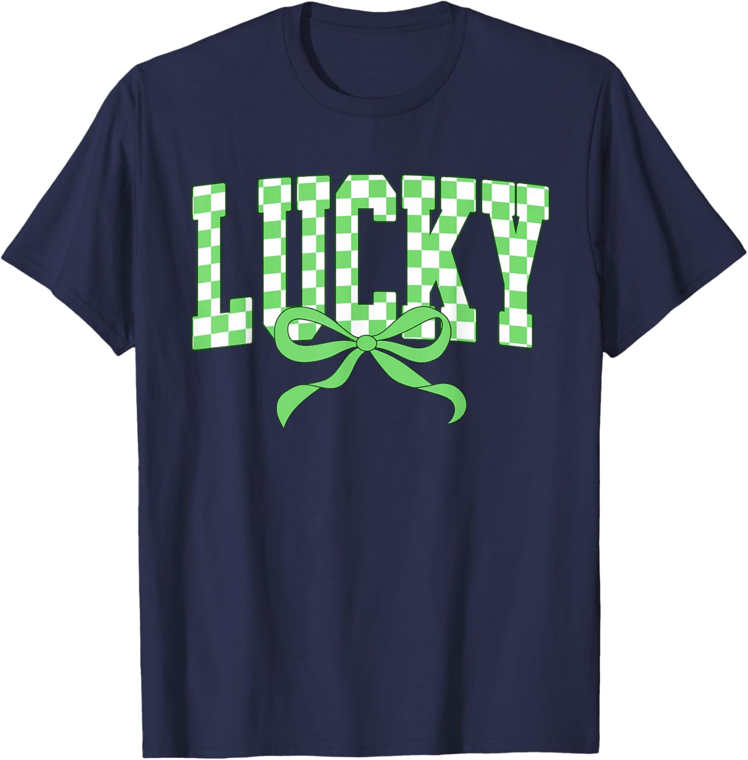 Lucky Shamrock Bow T-Shirt for St Patrick's Day Retro Checkered Style - 8