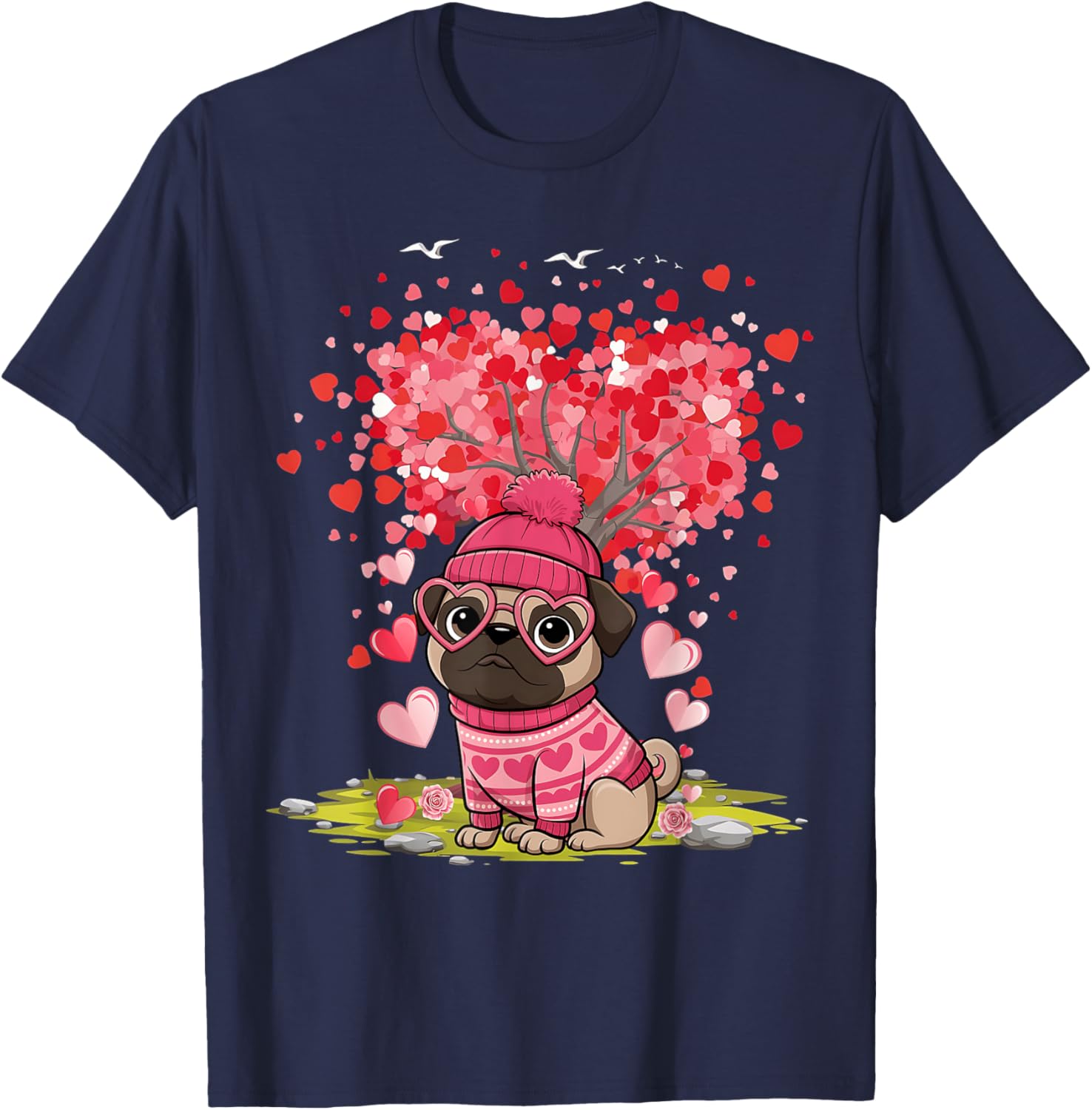 Pug Heart Tree Tee - Adorable Dog Lover Valentine's Day T-Shirt - 23