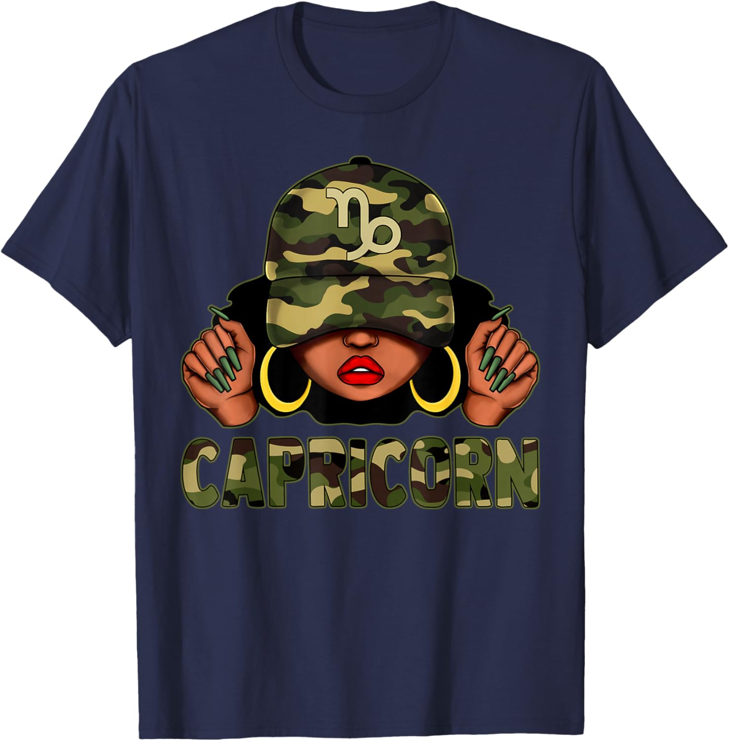 Capricorn Queen Black Woman with Camo Cap Afro Zodiac T-Shirt - 2