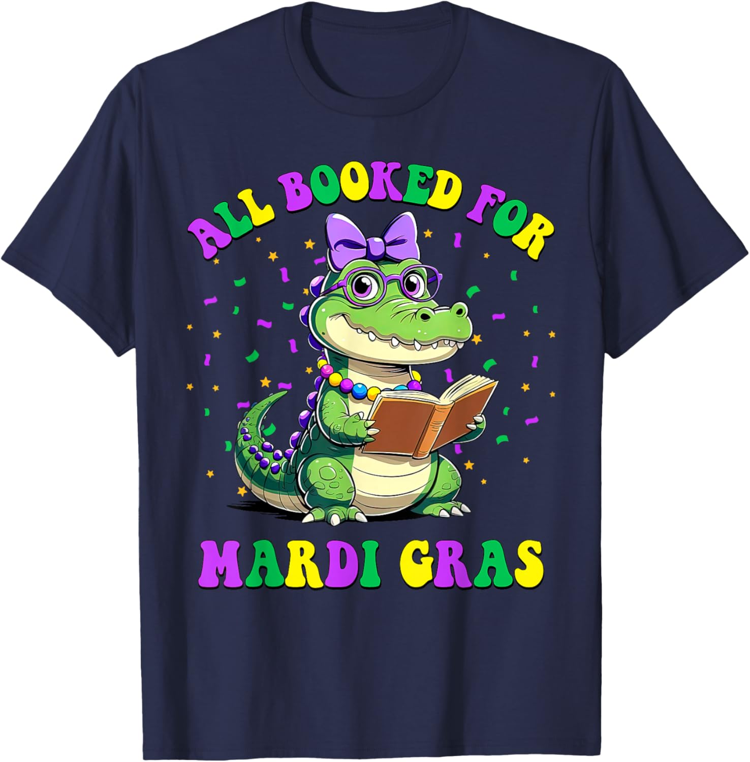 Mardi Gras Crocodile Teacher T-Shirt for Book Lovers and Readers - 6
