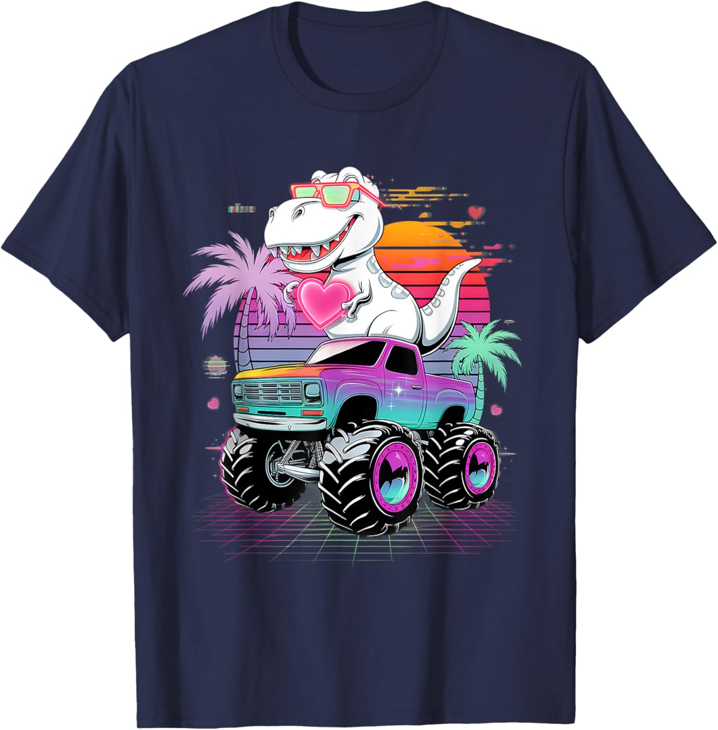 Valentine's Day T-Rex Monster Truck Vaporwave Kids T-Shirt for Boys - 11