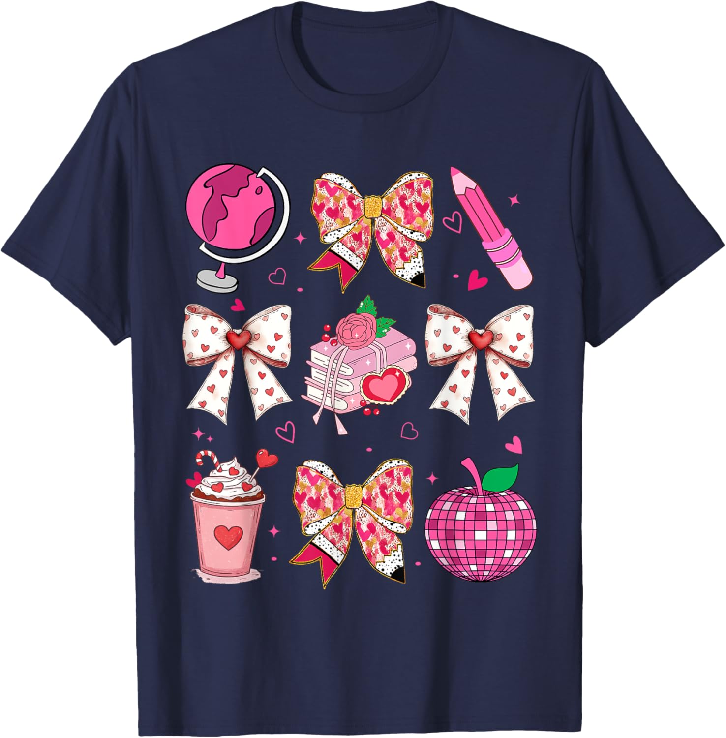 Valentine's Day Heart Bow T-Shirt for Teachers with Disco Ball Charm - 19