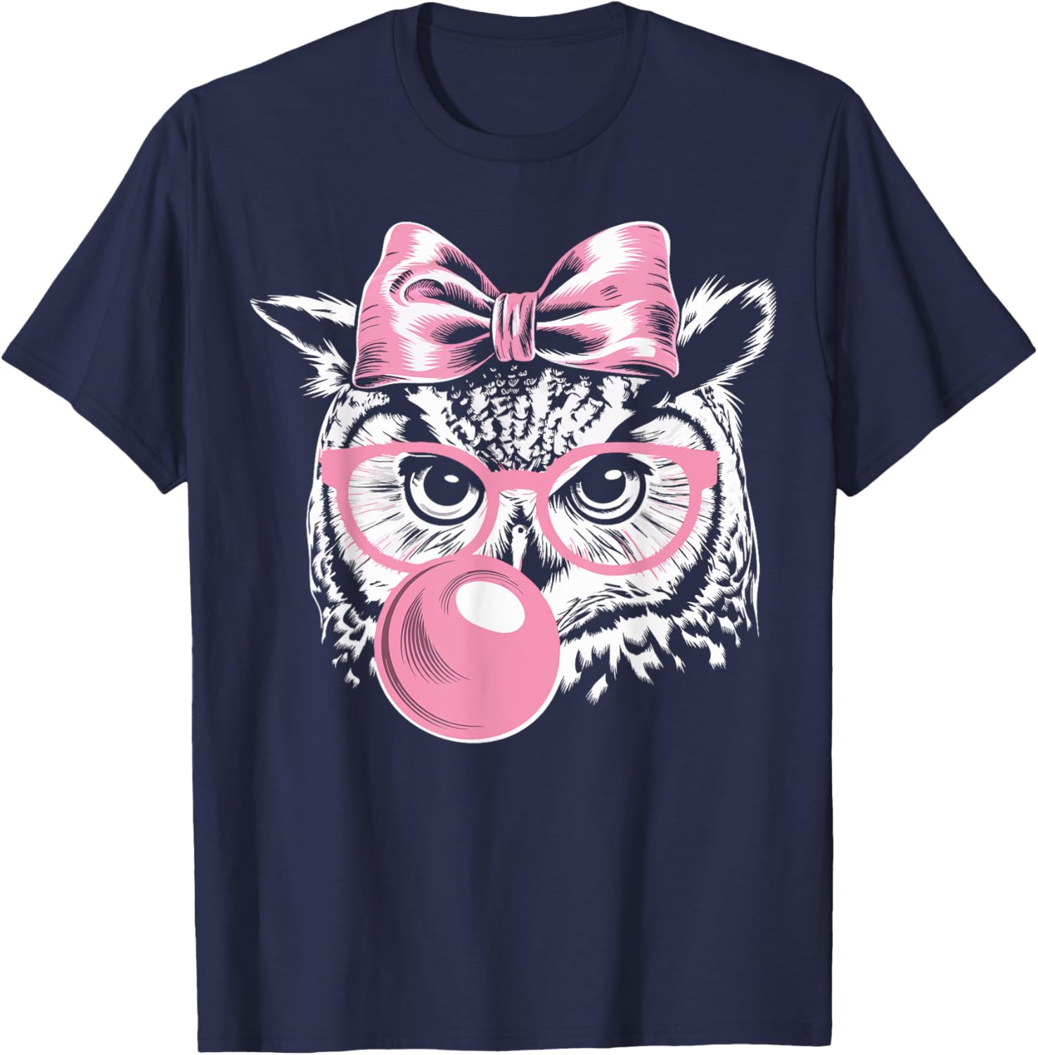 Cute Owl T-Shirt with Glasses Blowing Pink Bubble Gum for Fun Fashion - 6