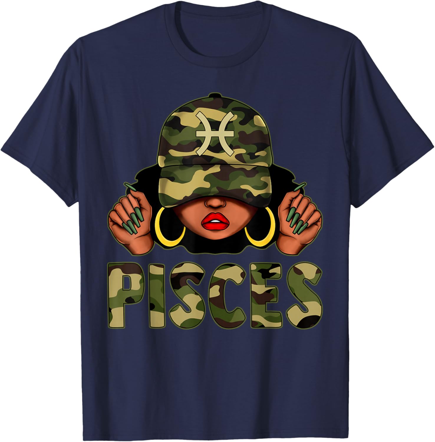 Pisces Queen Camo Cap and Afro Girl Zodiac T-Shirt for Black Women - 11