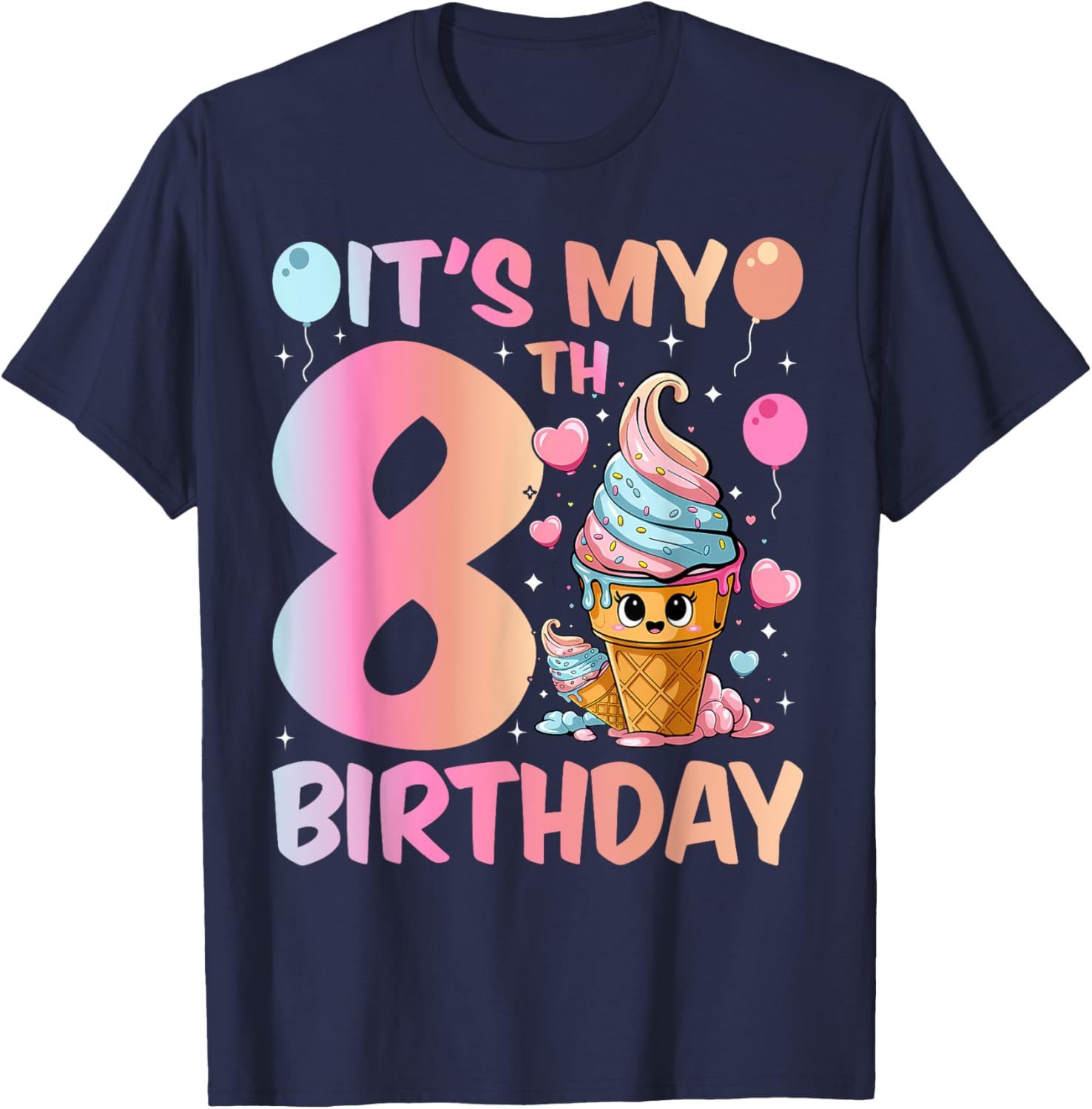 Cute Ice Cream Number 8 T-Shirt for Girls 8th Birthday Celebration - 4