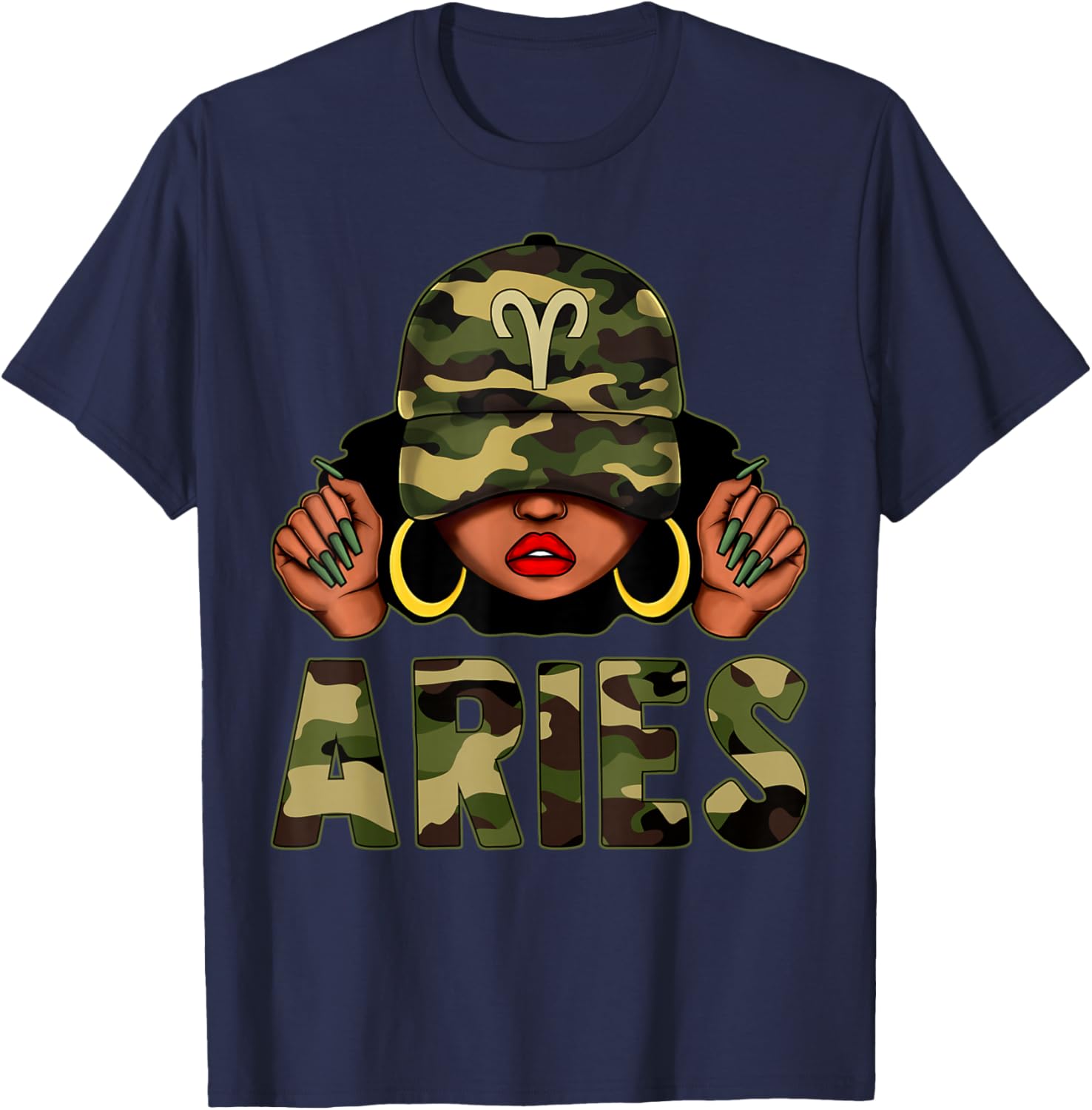 Aries Queen Black Woman Wearing Camo Cap Afro Zodiac T-Shirt - 13