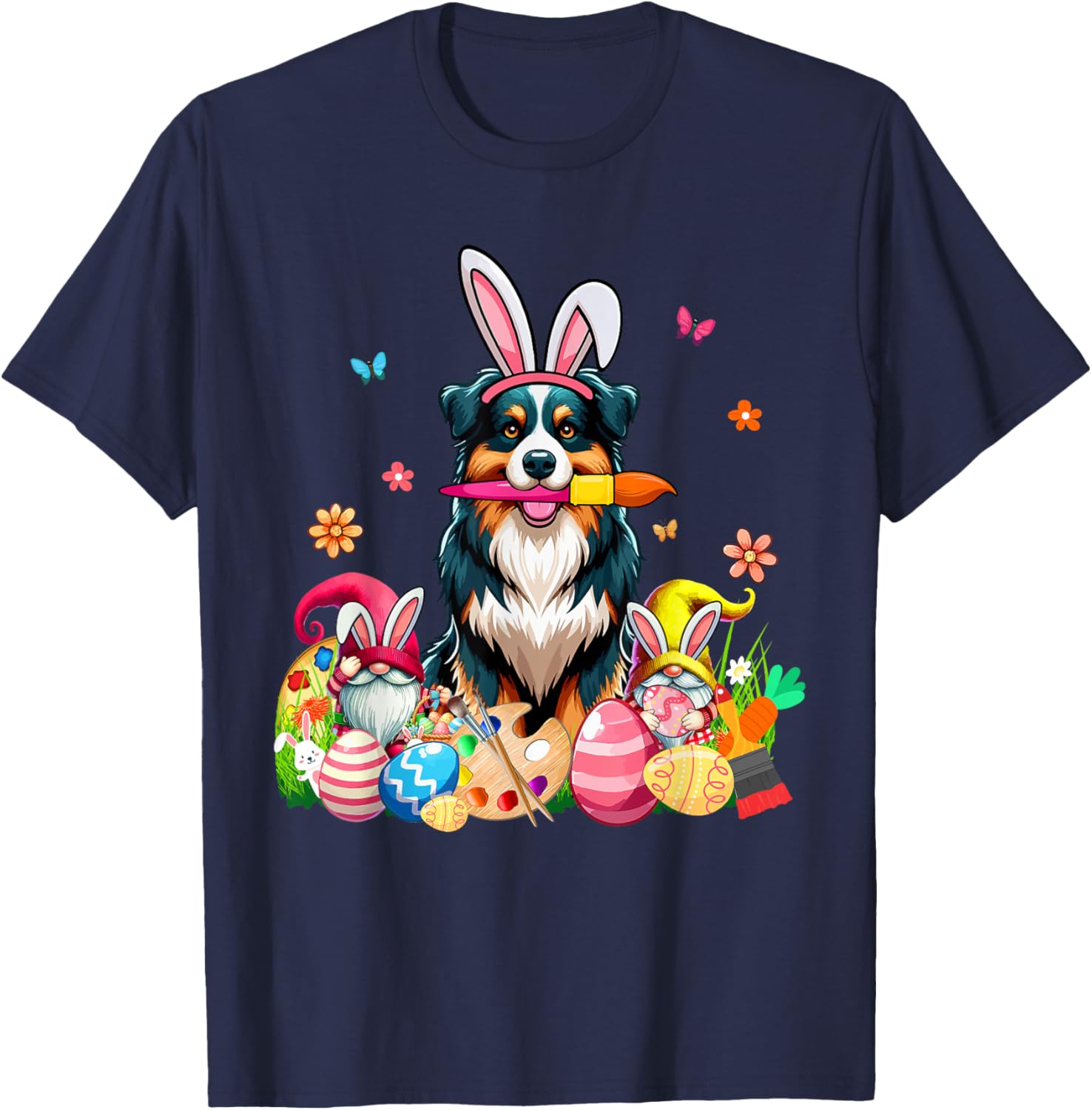 Cute Australian Shepherd Bunny Painting Easter Eggs Gnomes T-Shirt - 11