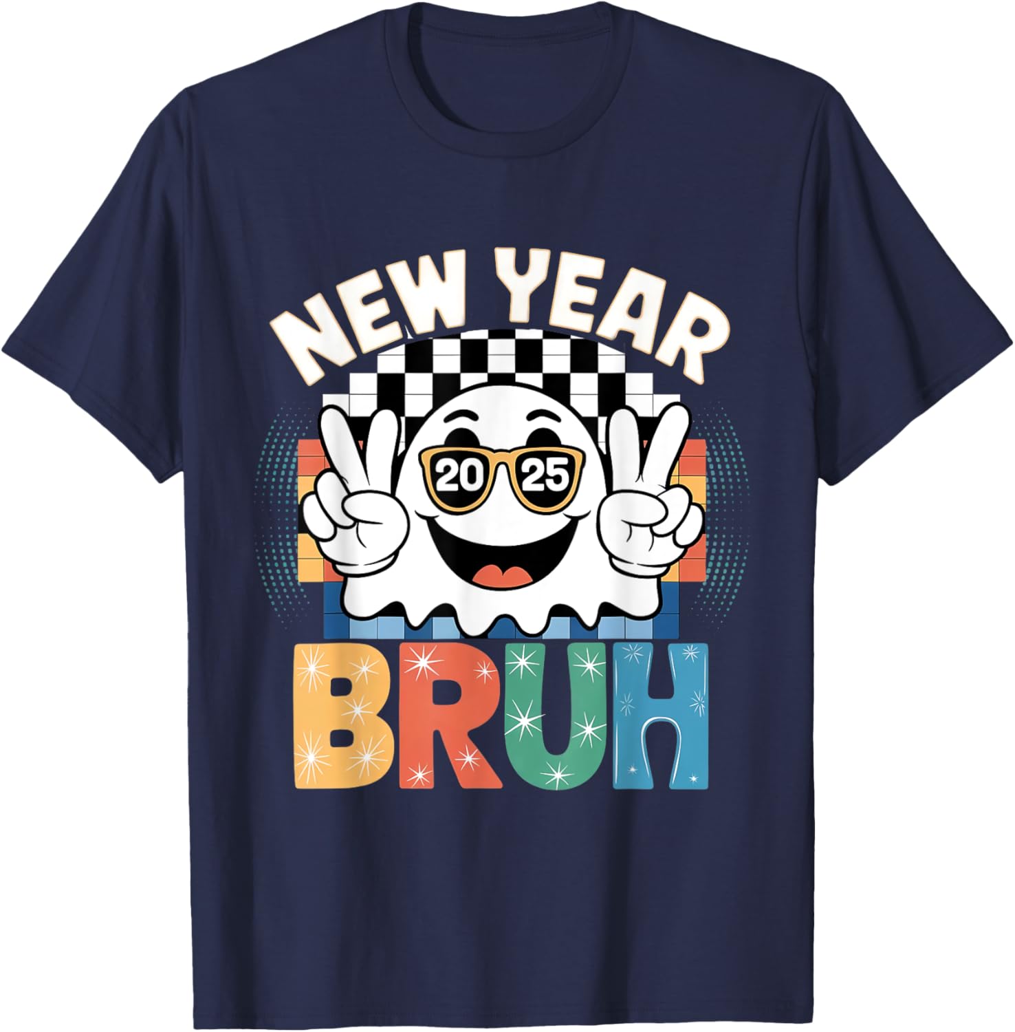 Cute Boo Ghost Happy New Year 2025 Vibes Funny Retro T-Shirt - 12