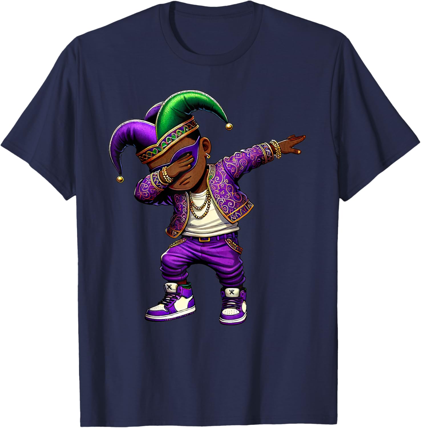 Funny Mardi Gras Jester Hat T-Shirt for Black Kids - Dabbing Boy Design - 24