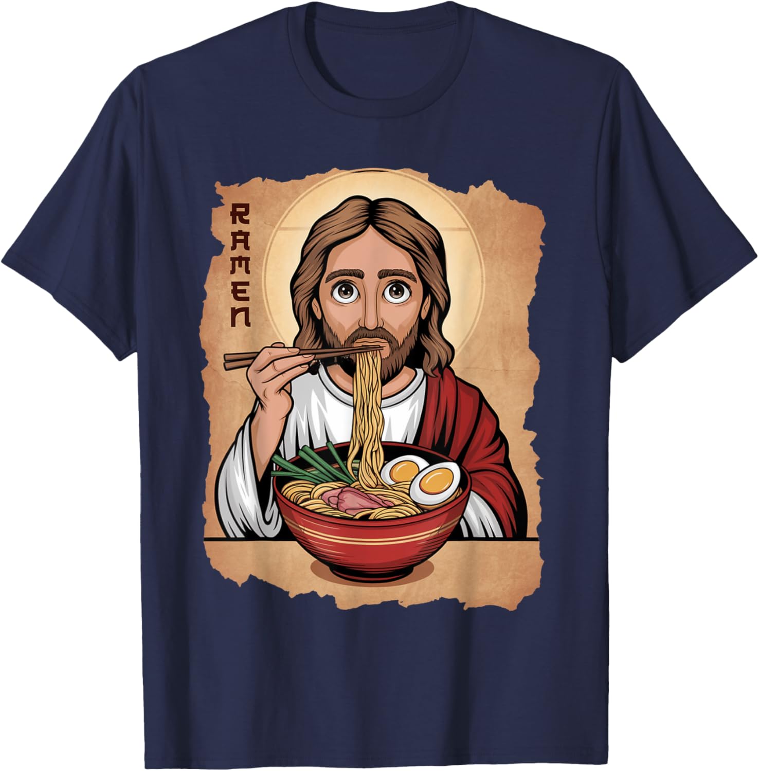 Cute Jesus Eating Ramen Noodles T-Shirt with Ocean Waves Japanese Art - 21