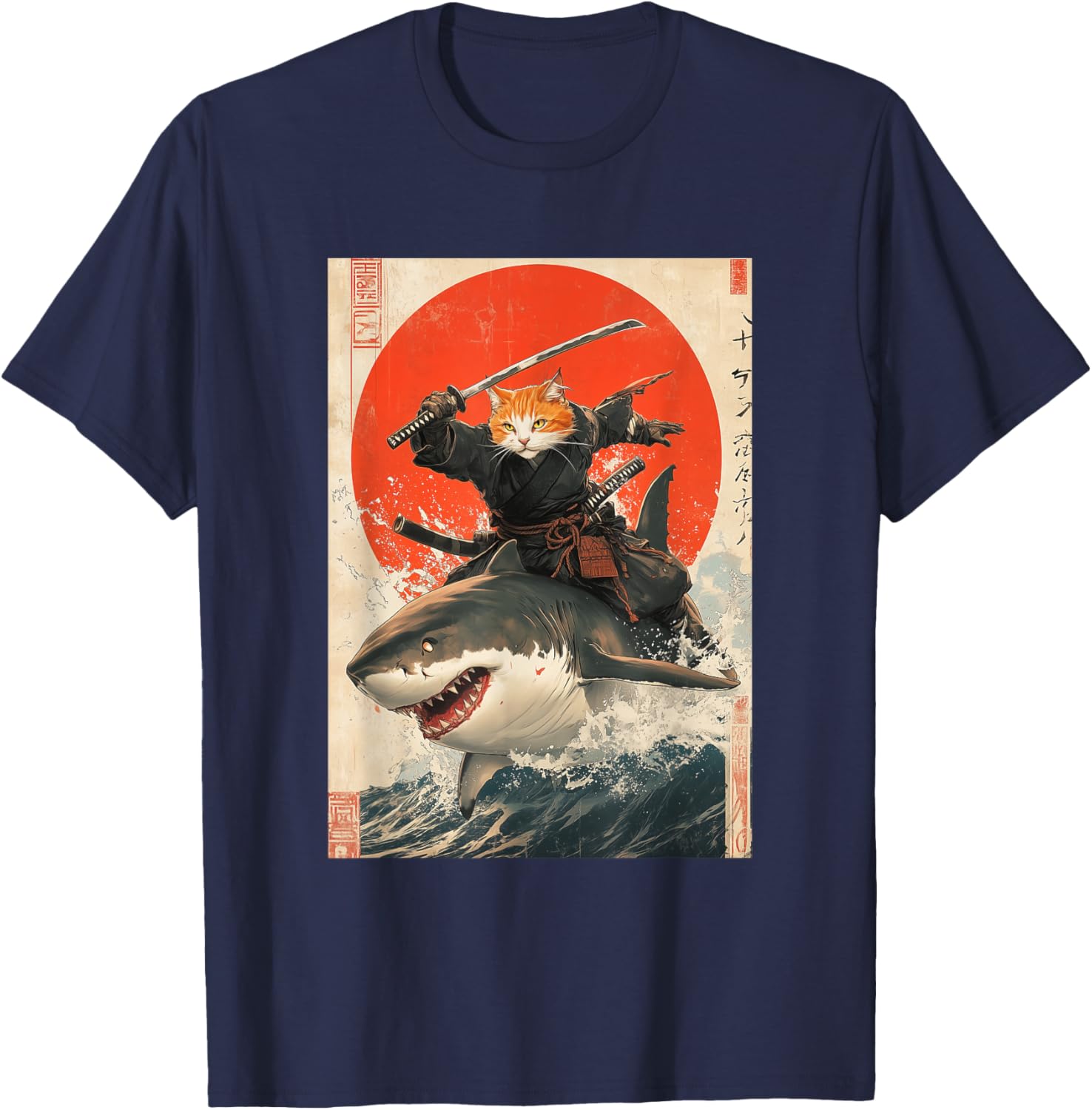 Ninja Cat Riding Shark Graphic Tee Cute Japanese Style T-Shirt for Cat Lovers - 16