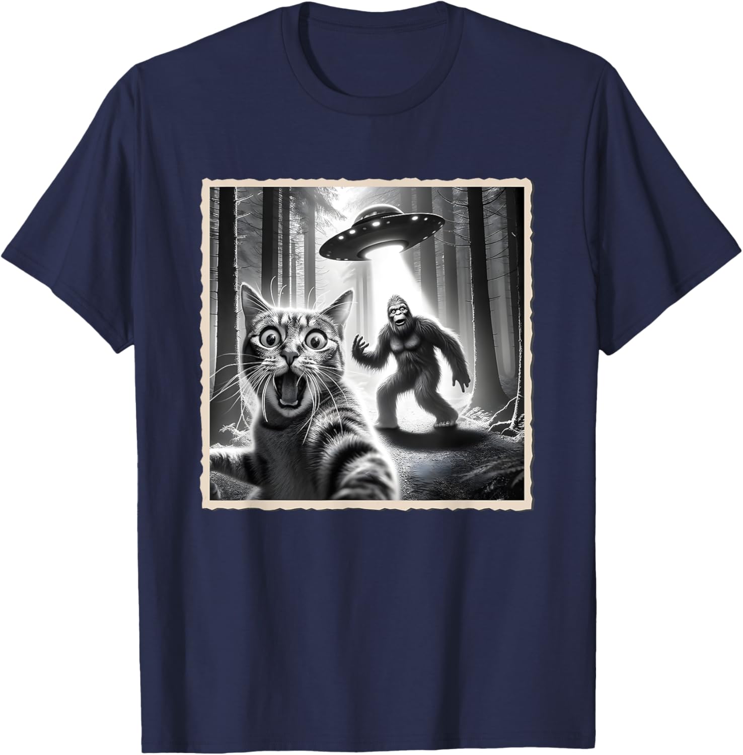 Funny Cat Selfie with Bigfoot and UFO T-Shirt for Animal Lovers - 28
