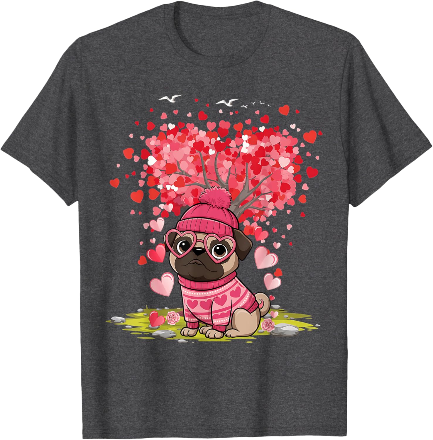 Pug Heart Tree Tee - Adorable Dog Lover Valentine's Day T-Shirt - 8