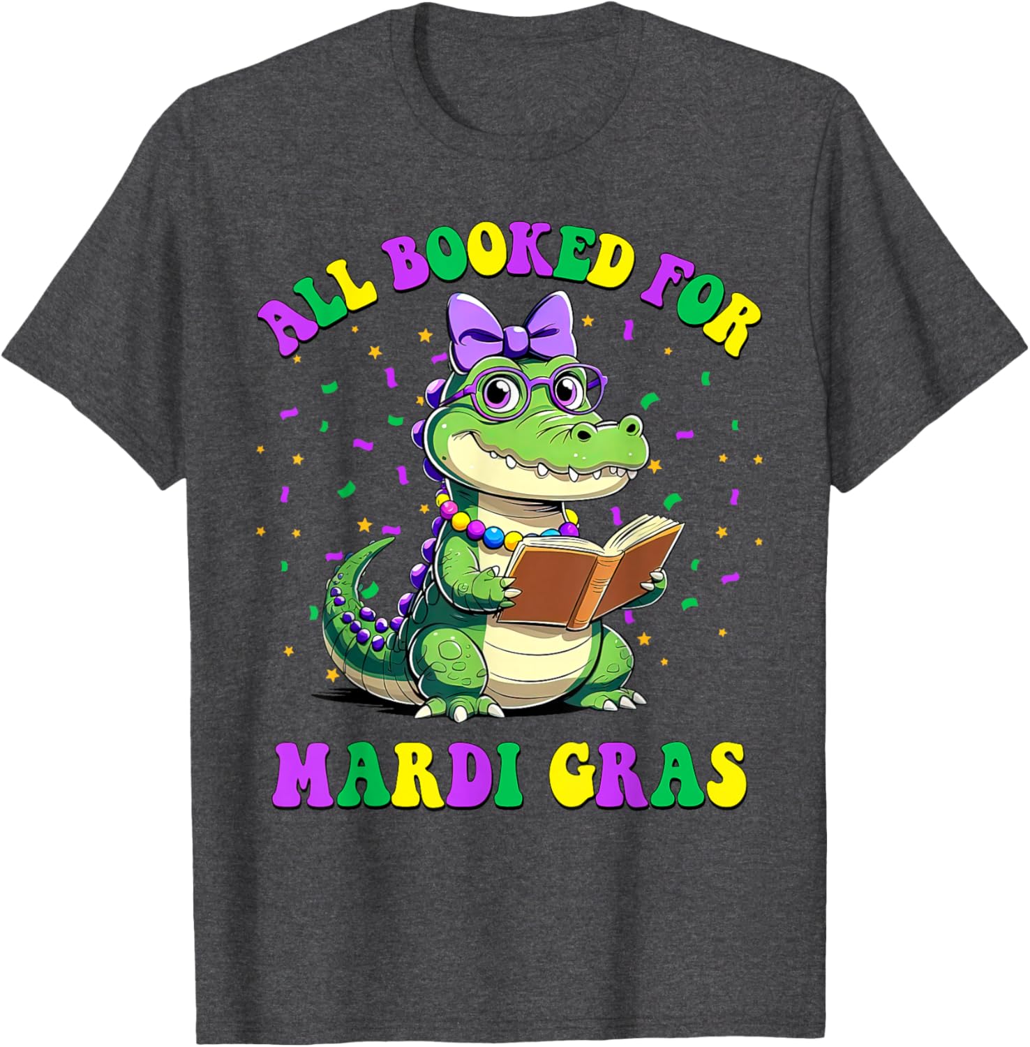 Mardi Gras Crocodile Teacher T-Shirt for Book Lovers and Readers - 2