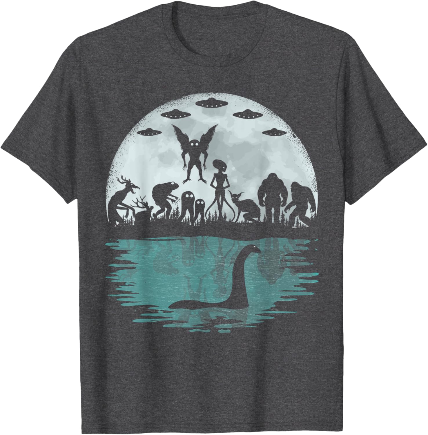 Funny Cryptid T-Shirt featuring Bigfoot Nessie Mothman and Aliens - 6